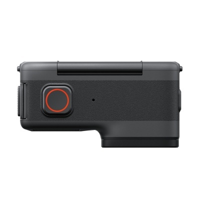 Câmara de ação preta compacta com botão laranja