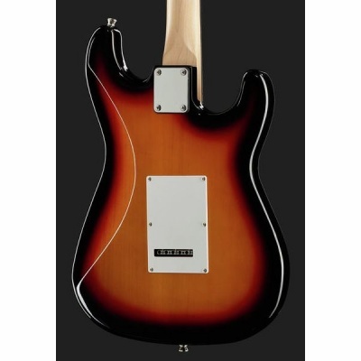 Guitarra elétrica sunburst vista de trás com braço de madeira clara