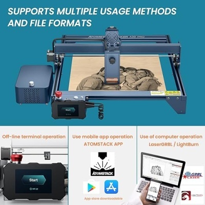 Máquina gravadora a laser azul com painel digital e imagem de família gravada em madeira