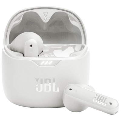 Auriculares sem fios brancos JBL com estojo aberto