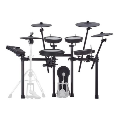 bateria eletrónica preta com pads e pedal