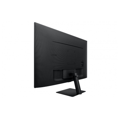 Monitor preto visto de trás com suporte ajustável e base metálica