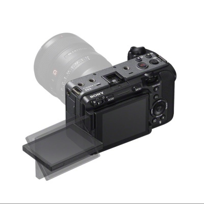 Câmara fotográfica Sony preta com visor LED articulado em várias posições