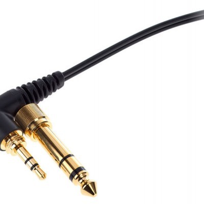 Cabo de áudio com conetor jack dourado 3,5 mm e 6,35 mm em ângulo