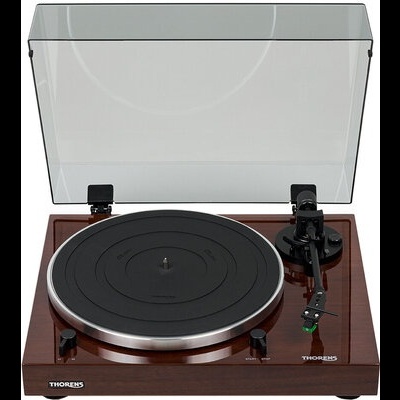 Gira-discos Thorens em madeira com tampa transparente levantada