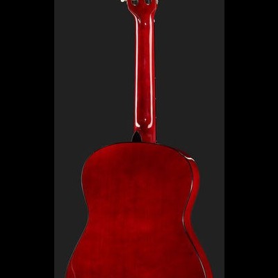 Guitarra clássica vermelha vista de trás com tarraxas brancas