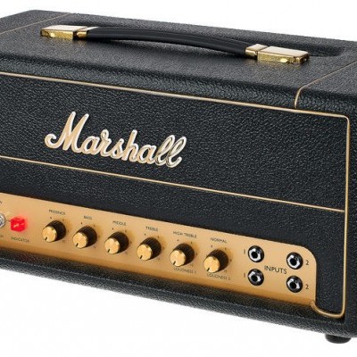 Cabeça amplificadora preta Marshall com painel dourado e alça