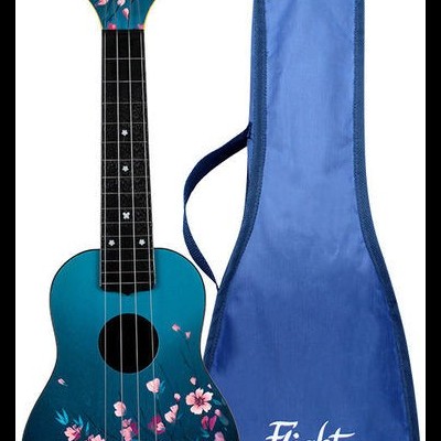 Ukelele azul com padrão floral e estojo azul com logo Flight
