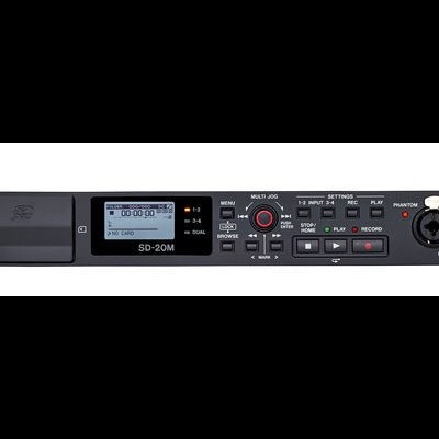 Interface de áudio TASCAM SD-20M com ecrã LCD e botões em corpo preto