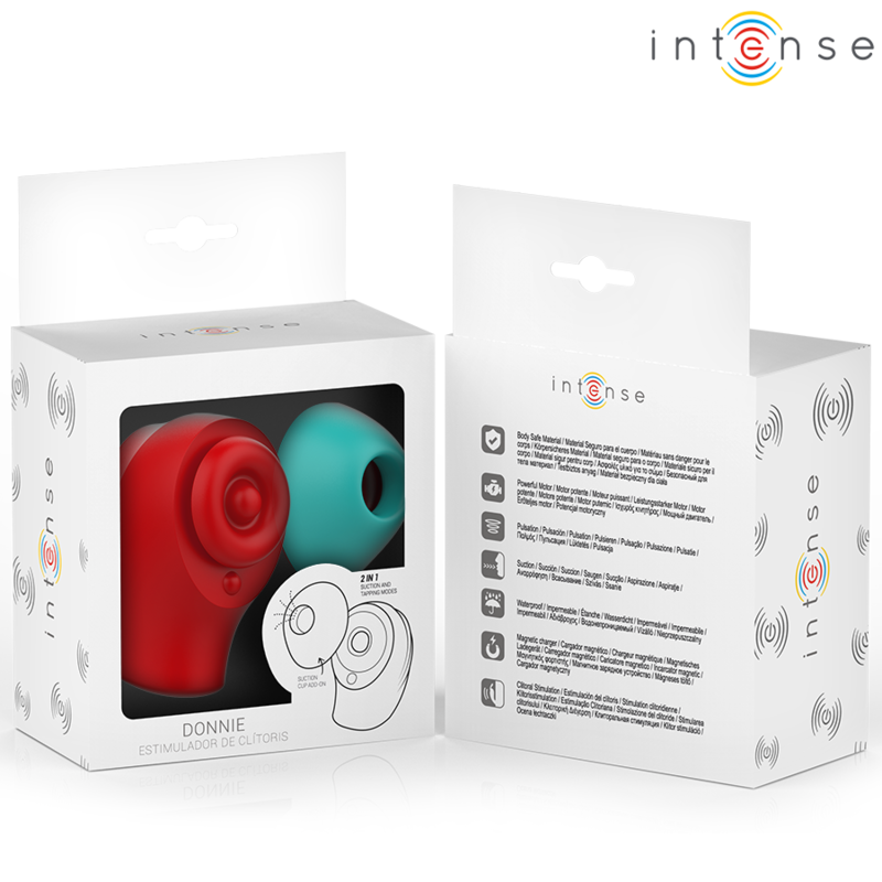 INTENSE Donnie – Estimulador de Clitóris Ergonómico | Vermelho e Verde Embalagem de estimulador de clitóris vermelho com acessório azul da marca intense