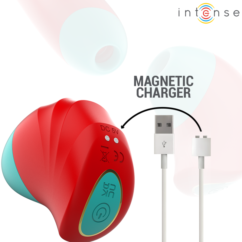 INTENSE Donnie – Estimulador de Clitóris Ergonómico | Vermelho e Verde Carregador magnético vermelho e azul com cabos USB brancos e texto MAGNETIC CHARGER