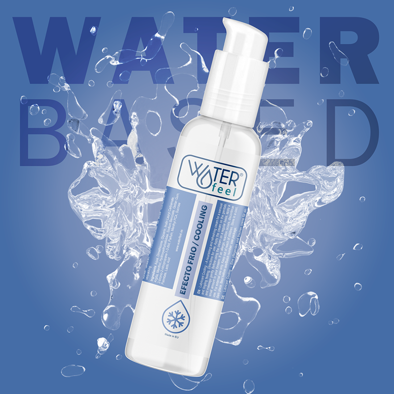 WATERFEEL – Lubrificante Efeito Frio | Base de Água 150 ml Frasco de doseador do produto Water Feel com design azul e branco e respingos de água ao fundo