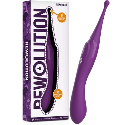 Vibrador roxo e embalagem com texto REWOLUTION e modos de vibração