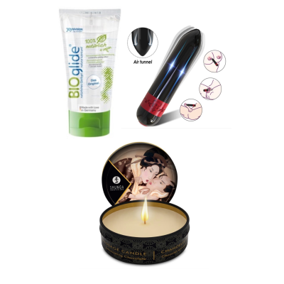 Produtos para bem-estar íntimo: gel lubrificante BIOglide, vibrador preto, vela de massagem CHANDELLE.