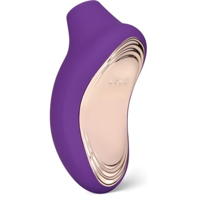 Vibrador feminino roxo com detalhe metálico dourado e texto LELO