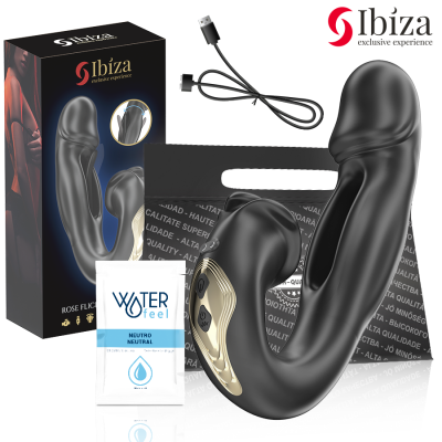 Produto preto com detalhes dourados, controle de botões, embalagem Ibiza exclusive experience, cabo USB e pacote WATER feel