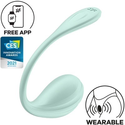 Dispositivo wearable azul claro curvo com texto FREE APP e selo CES Innovation Awards 2021