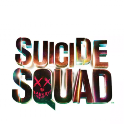 Logótipo colorido do filme Suicide Squad com rosto sorridente na letra Q