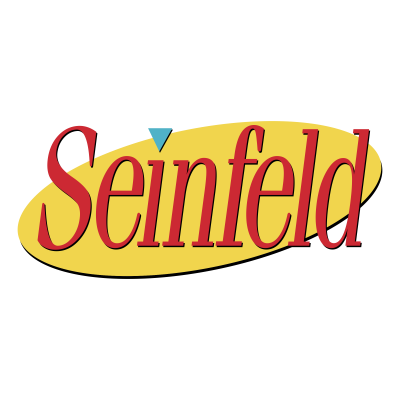 Logótipo da série Seinfeld com texto vermelho e fundo amarelo oval