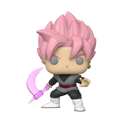 Figurine Funko Pop com cabelo rosa e roupa preta segurando arma cor-de-rosa