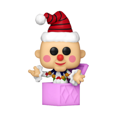 Boneco de vinil Natal a sair de caixa cor-de-rosa.