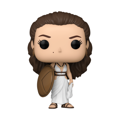 Figura Funko Pop feminina com vestido branco e escudo castanho