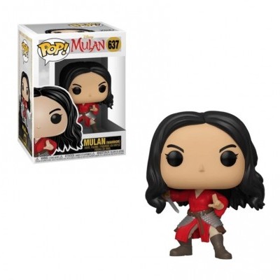 Figura colecionável POP! de Mulan com roupa vermelha e preta ao lado da caixa com texto POP! Mulan 637