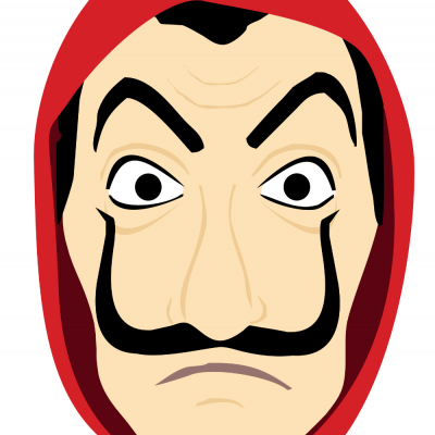 Máscara facial estilizada com capuz vermelho e rosto masculino com bigode preto