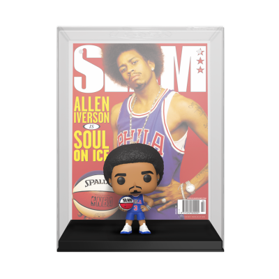 Figurinha estilo Funko Pop de jogador de basquete em uniforme azul diante de capa da revista SLAM com Allen Iverson
