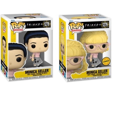 Duas figuras Funko Pop! Monica Geller de Friends, uma com cabelo castanho e outra loira com óculos, em embalagens amarelo e branco.