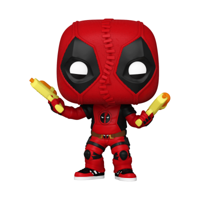 Figura de vinil do personagem Deadpool com pistolas amarelas e fato vermelho e preto