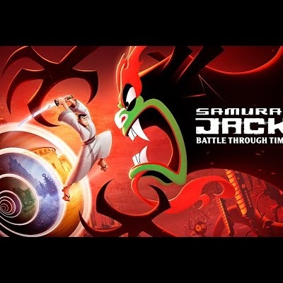 Capa com samurai e criatura demoníaca, texto SAMURAI JACK BATTLE THROUGH TIME