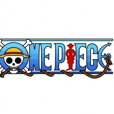 Logotipo colorido do anime One Piece com crânio de pirata e texto azul