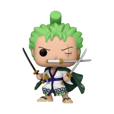 Funko Pop de personagem com cabelo verde e três espadas