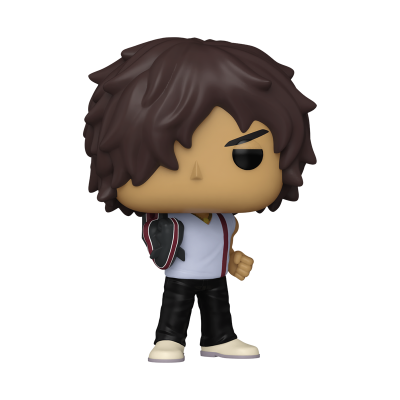 Figura colecionável Funko Pop de personagem com cabelo castanho escuro e roupa branca, cinzenta, vermelha e preta