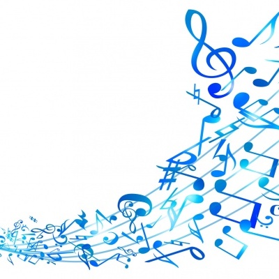 Notas musicais azuis em fundo branco