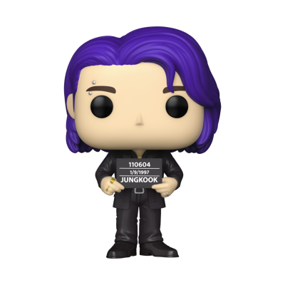 Figura Funko Pop de Jungkook com cabelo roxo e roupa preta segurando placa