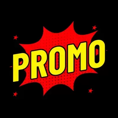 Texto PROMO em letras amarelas sobre explosão vermelha em fundo preto