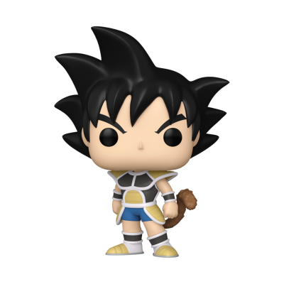 Figura Funko Pop com cabelo preto espetado, armadura cinza e bege, calções azuis e cauda castanha