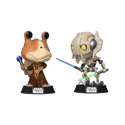 Duas figuras colecionáveis Funko Pop de personagens Star Wars sobre bases com logotipo.