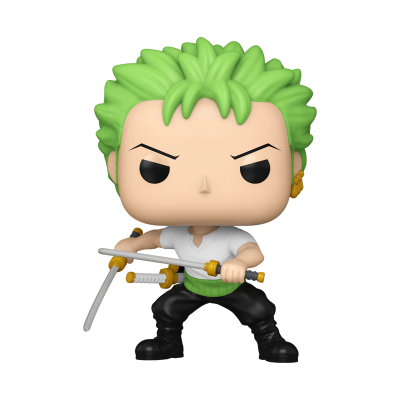 Figura Funko Pop de personagem com cabelo verde e três espadas