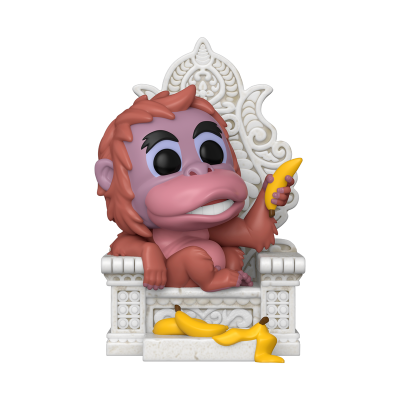 Figura de macaco cor-de-rosa com banana numa cadeira branca decorativa