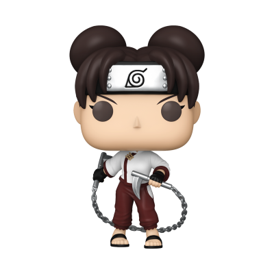 Figura Funko Pop personagem com cabelo em coques, roupa branca e vermelha e corrente metálica.