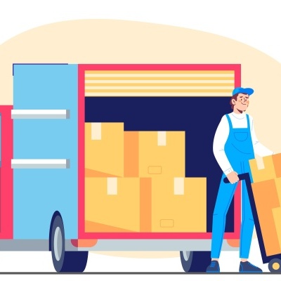 Camião de entrega vermelho com porta traseira aberta e homem a transportar caixas em carrinho