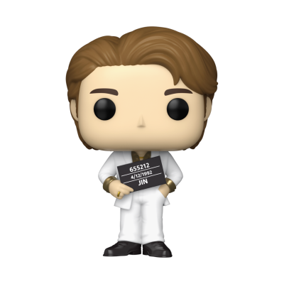 Figura Funko Pop de personagem vestindo roupa branca e segurando placa preta.