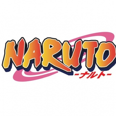 Logótipo 'Naruto' com texto em letras laranja e contorno preto, texto em japonês vermelho e círculo rosa no fundo