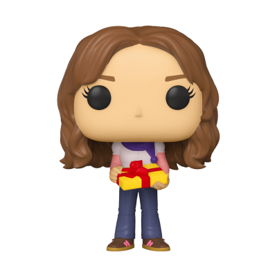 Figura Funko Pop de personagem com caixa de presente amarela e laço vermelho