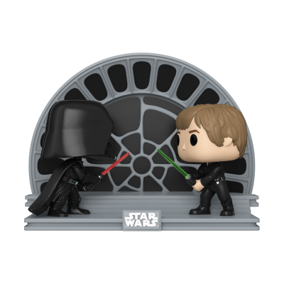 Figuras Funko Pop Darth Vader e Luke Skywalker com sabres de luz numa base STAR WARS