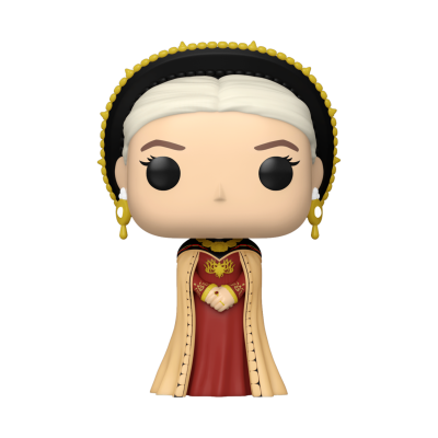 Figura Funko Pop de mulher com vestido vermelho e capa creme, cabelo branco e véu preto