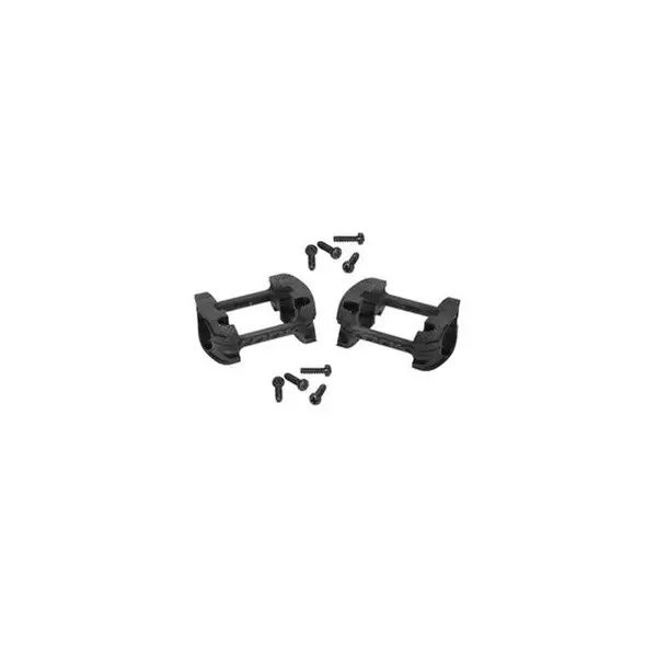 Dois conjuntos de braçadeiras pretas com parafusos em fundo branco